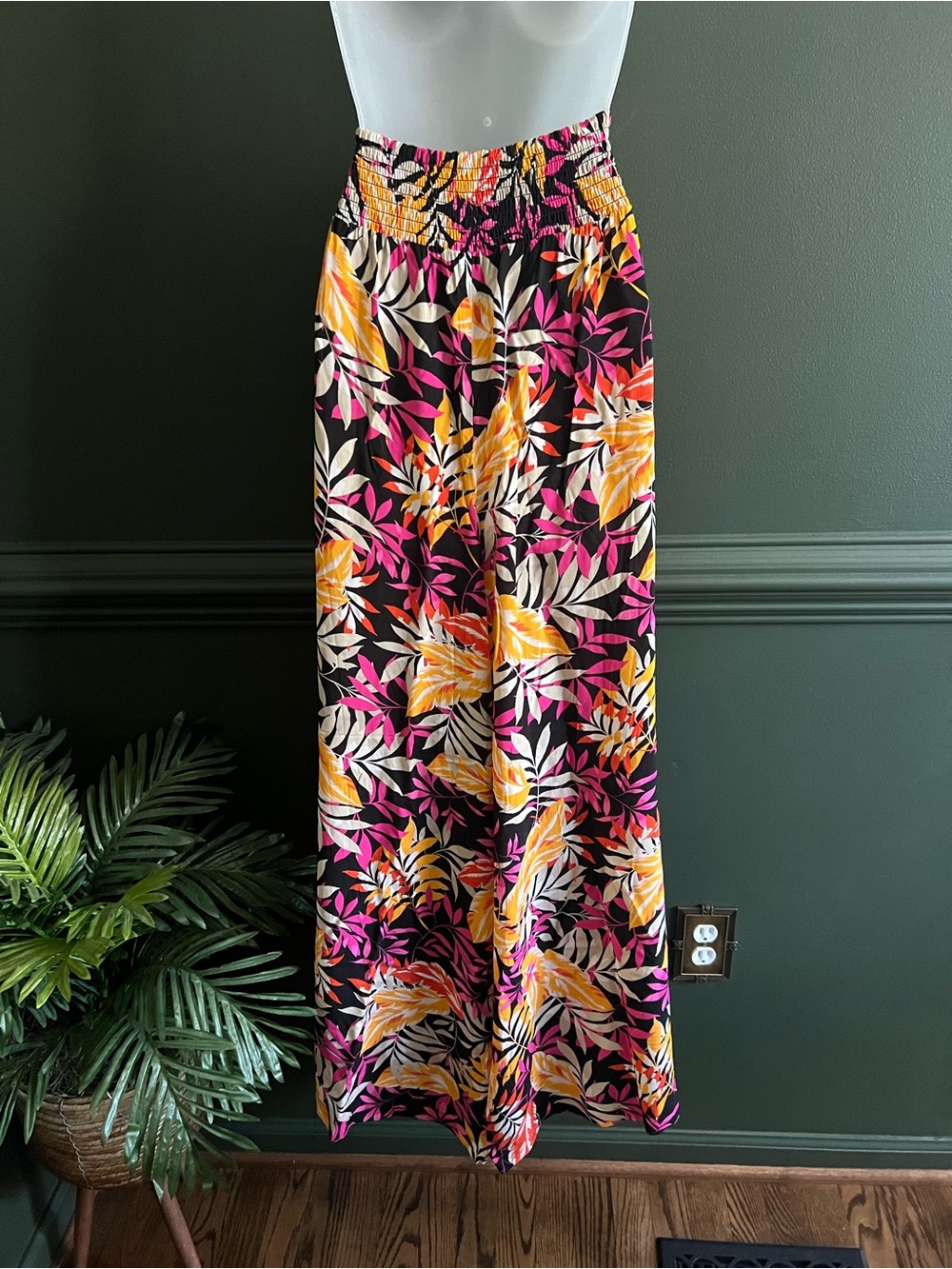 Tropical Print Wide Leg Pants- Black with Pink & Yellow Floral